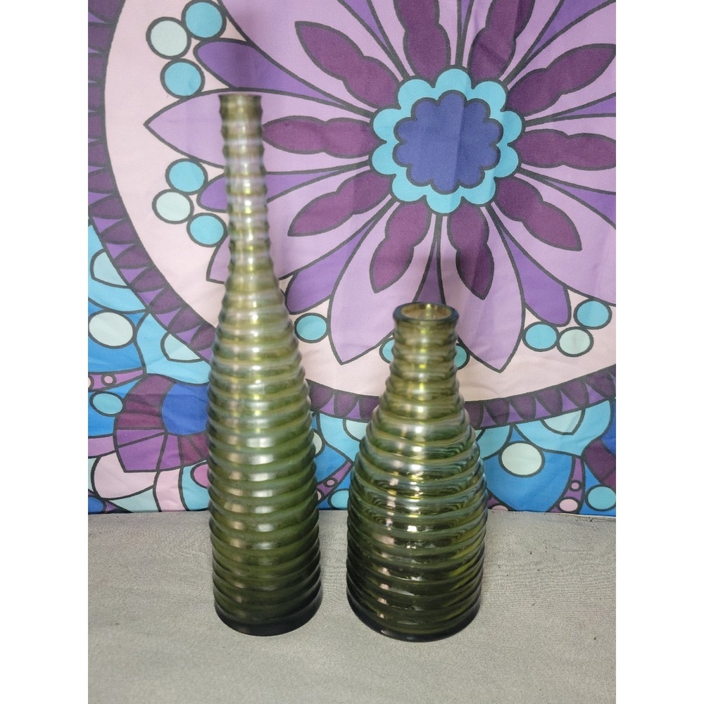 2 Handmade Green‎ Art Glass Bud Vases Ribbed Bottle Vase Lot 11.5" 7.5"